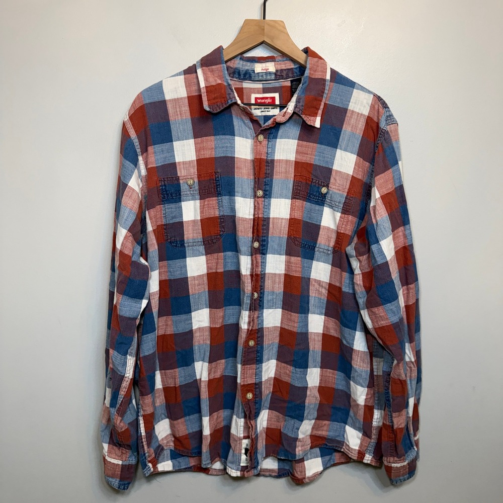 Wrangler Indigo Men's Plaid Button Down Long Sleeve Shirt Red White Blue X-Large